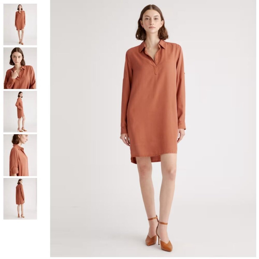 Quince Vintage Wash Tencel Roll Sleeve Tunic Dress in Terracotta